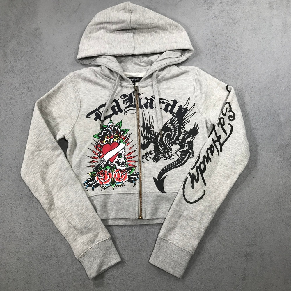 Ed Hardy Zip Hoodie Women Small Gray Excellent Cropped Tattoo Graphic Y2K Style